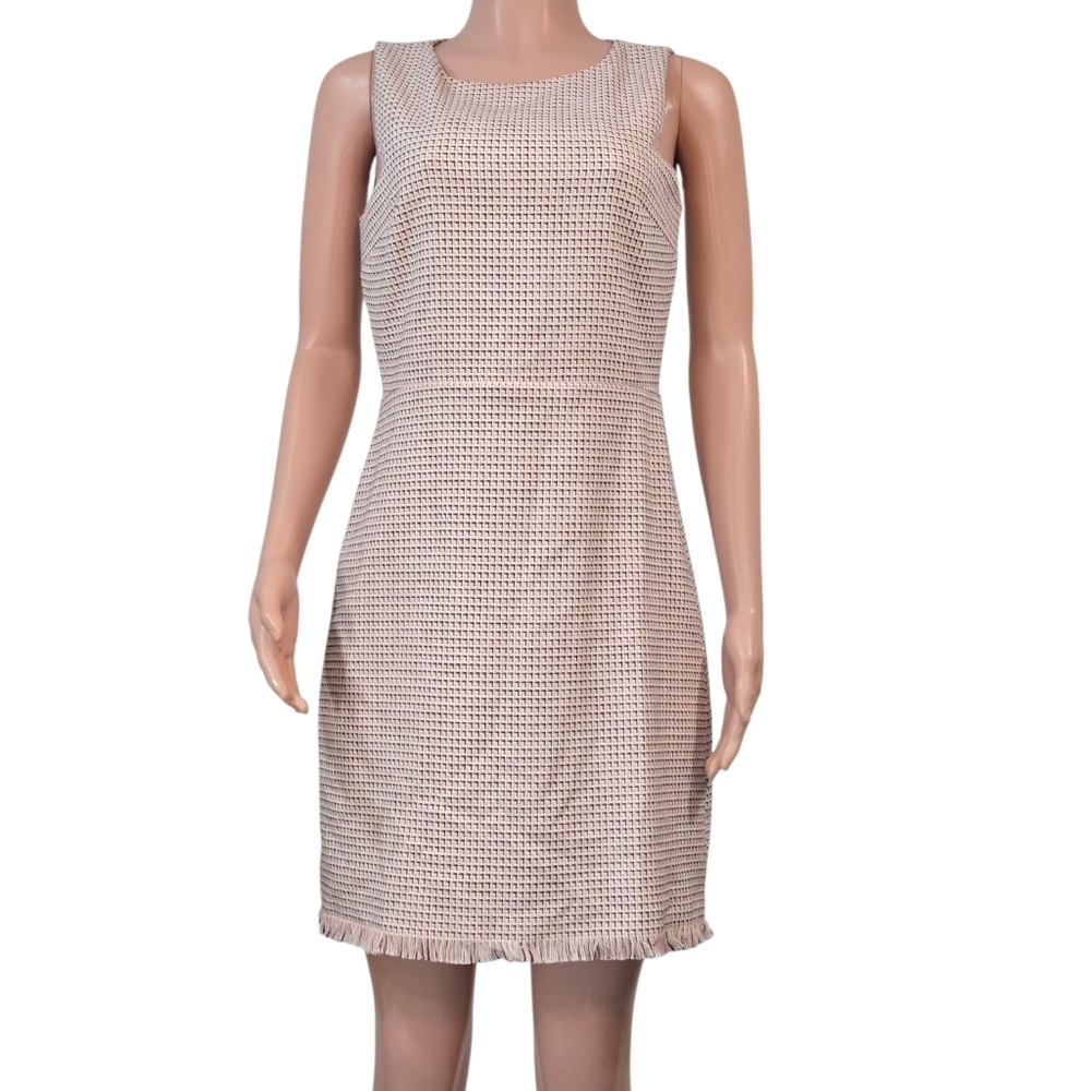 Loft Womens Sleeveless Dress Pink Black White Checked Tweed Fringe Bottom SZ 6